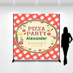 Lofaris Red Plaid Custom Pizza Party 5th Birthday Backdrop