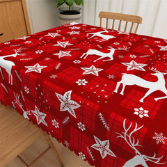 Lofaris Red Plaid Deer Star Leaves Christmas Dining Tablecloth