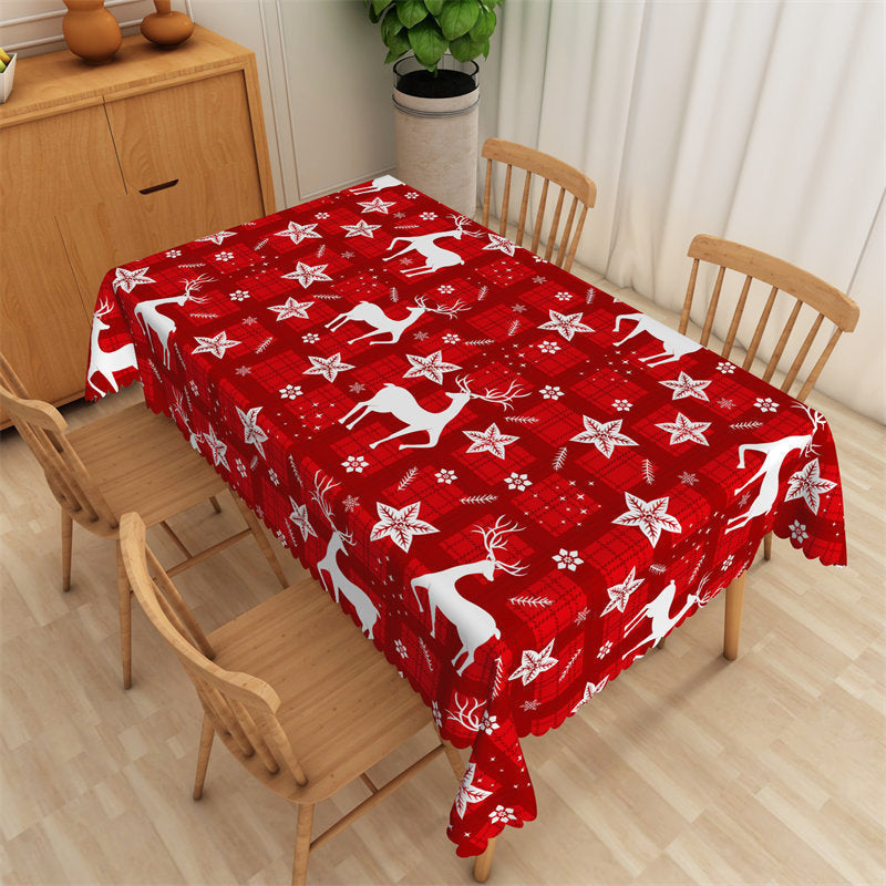 Lofaris Red Plaid Deer Star Leaves Christmas Dining Tablecloth