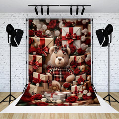 Lofaris Red Plaid Teddy Bear Gifts Flowers Photo Backdrop