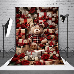 Lofaris Red Plaid Teddy Bear Gifts Flowers Photo Backdrop