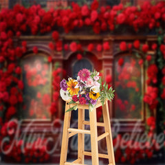 Lofaris Red Retro Door Full Of Roses Floral Backdrop