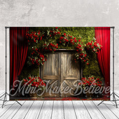 Lofaris Red Rose Curtain Green Bush Old Wood Door Backdrop