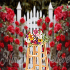 Lofaris Red Rose Floral White Fence Garden Wedding Backdrop