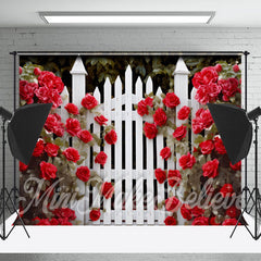 Lofaris Red Rose Floral White Fence Garden Wedding Backdrop