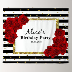 Lofaris Red Rose Glitter Black Stripe Custom Birthday Backdrop