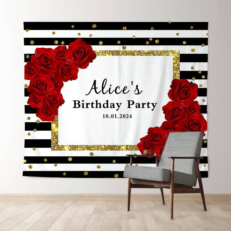 Lofaris Red Rose Glitter Black Stripe Custom Birthday Backdrop