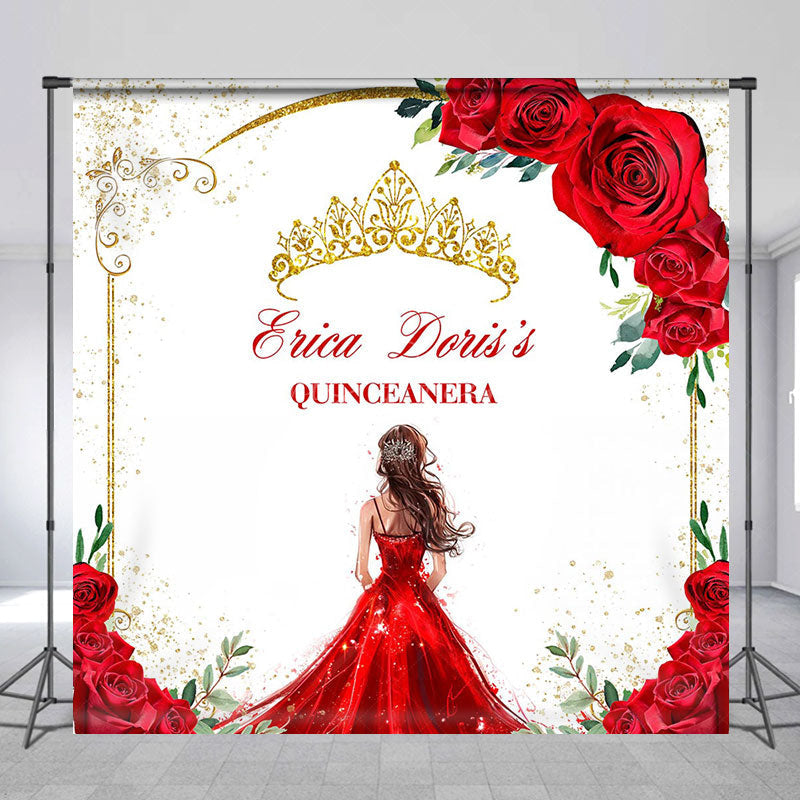 Lofaris Red Rose Gold Crown Custom Name Quinceanera Backdrop