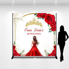 Lofaris Red Rose Gold Crown Custom Name Quinceanera Backdrop