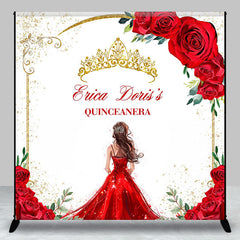 Lofaris Red Rose Gold Crown Custom Name Quinceanera Backdrop