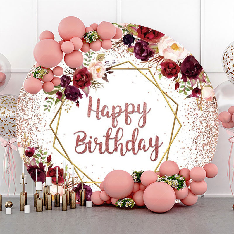 Lofaris Red Rose Gold Glitter Floral Round Birthday Backdrop