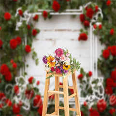 Lofaris Red Rose Green Leaves Brick Wall Floral Backdrop