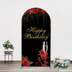 Lofaris Red Rose High Heel Black Gold Arch Birthday Backdrop