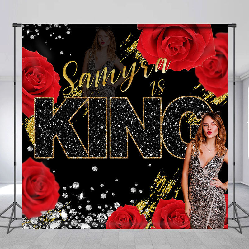 Lofaris Red Rose King Diamonds Glitter Custom Birthday Backdrop