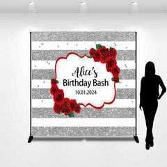 Lofaris Red Rose Silver Glitter Custom Birthday Backdrop