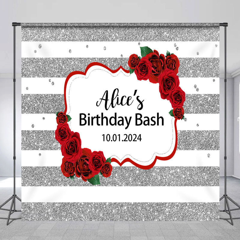 Lofaris Red Rose Silver Glitter Custom Birthday Backdrop