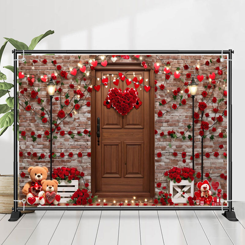 Lofaris Red Rose Wooden Door Bear Valentines Day Backdrop