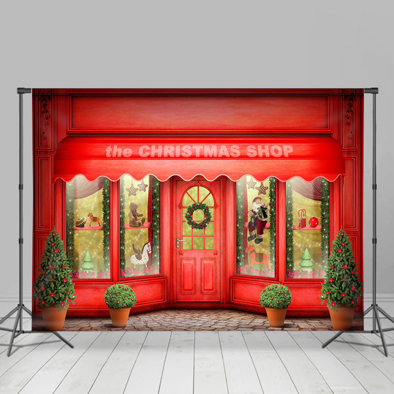 Lofaris Red Shop Door And Window Happy Christmas Backdrop