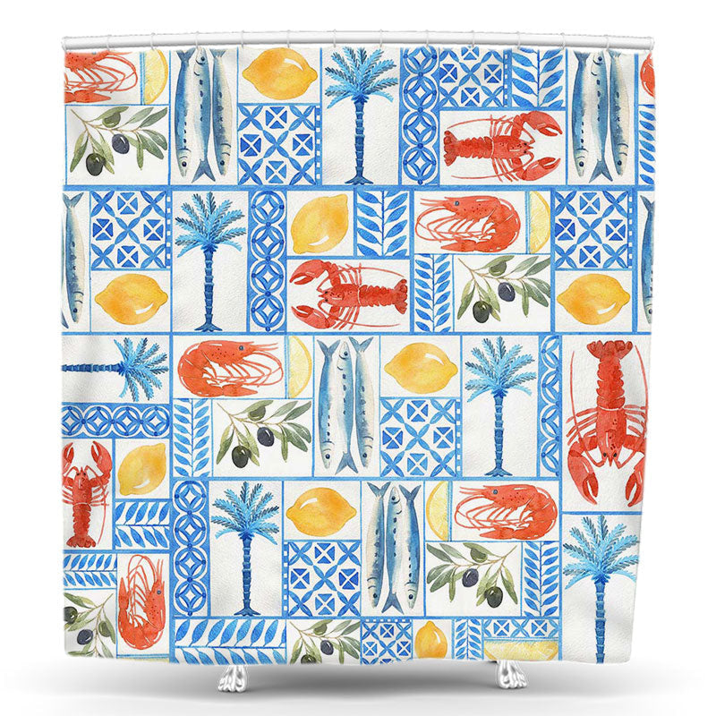 Lofaris Red Shrimp Yellow Lemon Fish Trees Shower Curtain