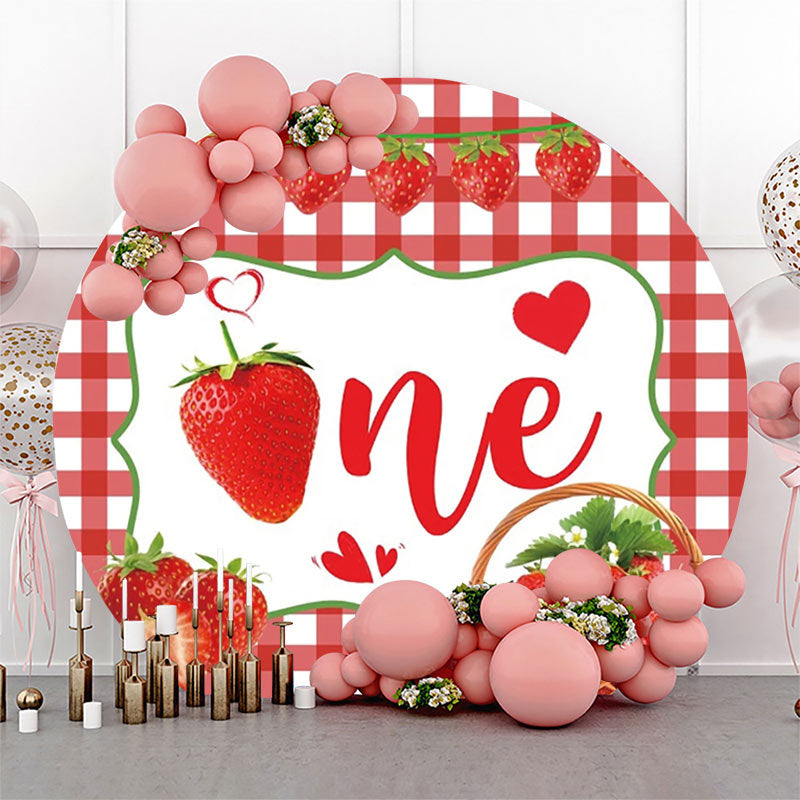 Lofaris Red Strawberry Plaid Round 1st Birthday Backdrop