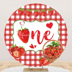 Lofaris Red Strawberry Plaid Round 1st Birthday Backdrop