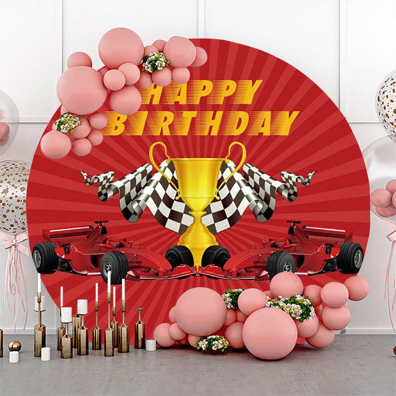 Lofaris Red Stripe Trophy Racing Car Round Birthday Backdrop