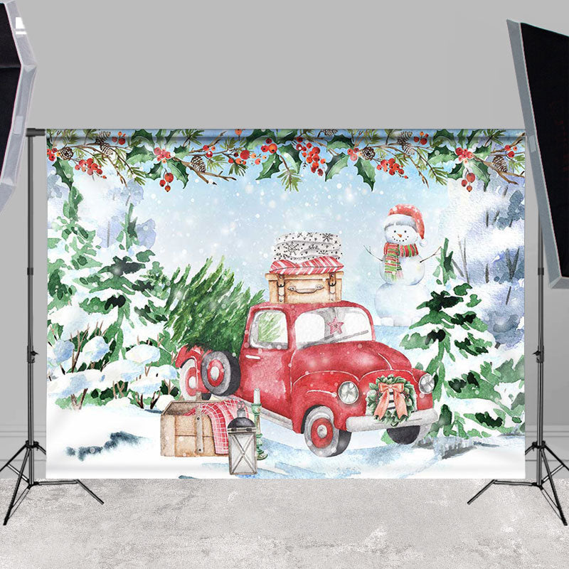 Lofaris Red Truck Green Pines And Snowman Winter Backdrops