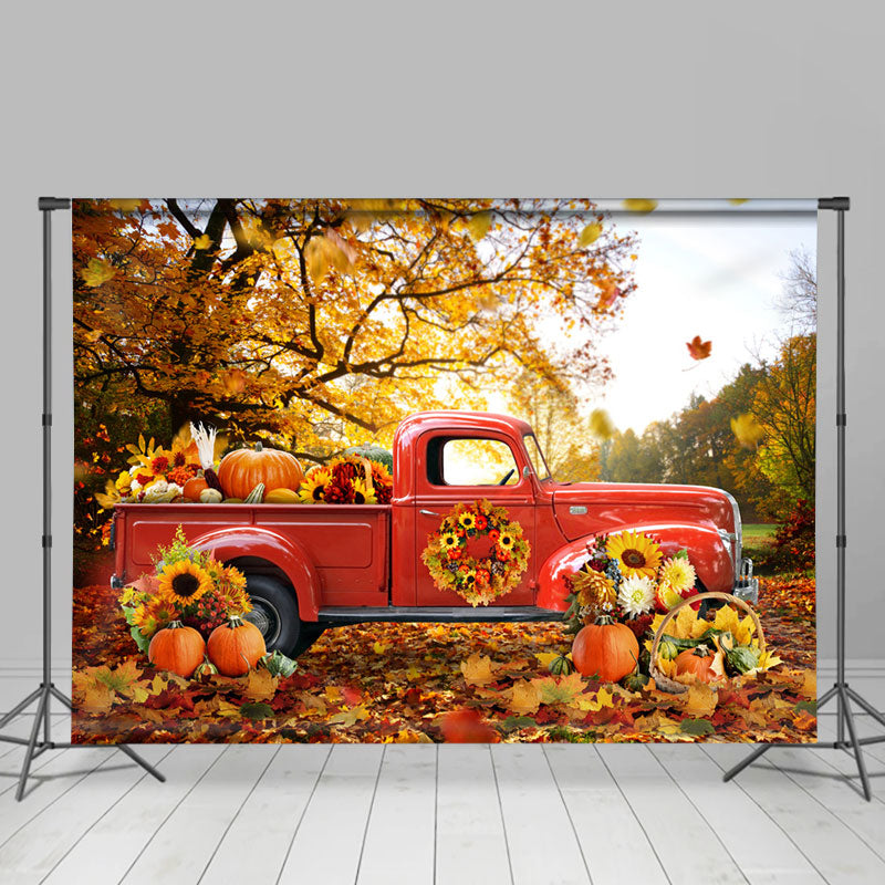 Lofaris Red Truck Pumpkin Maple Tree Autumn Backdrop For Decor