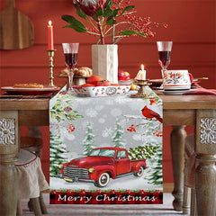 Lofaris Red Truck Snowy Scene Forest Christmas Table Runner