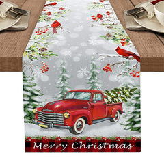 Lofaris Red Truck Snowy Scene Forest Christmas Table Runner