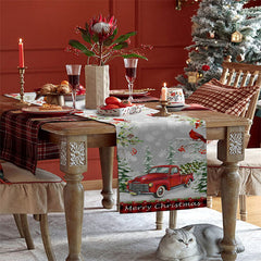 Lofaris Red Truck Snowy Scene Forest Christmas Table Runner