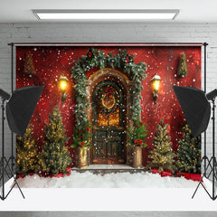 Lofaris Red Wall Brown Door Trees Snowy Christmas Backdrop