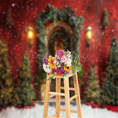 Lofaris Red Wall Brown Door Trees Snowy Christmas Backdrop