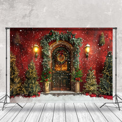 Lofaris Red Wall Brown Door Trees Snowy Christmas Backdrop