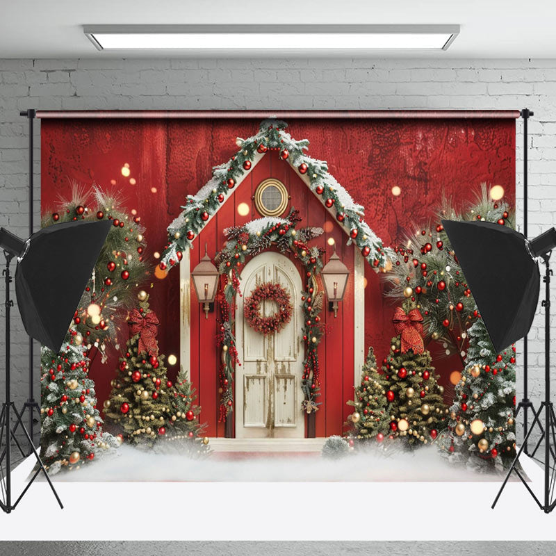 Lofaris Red White Retro Wooden Door Trees Christmas Backdrop