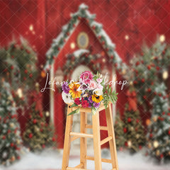 Lofaris Red White Retro Wooden Door Trees Christmas Backdrop