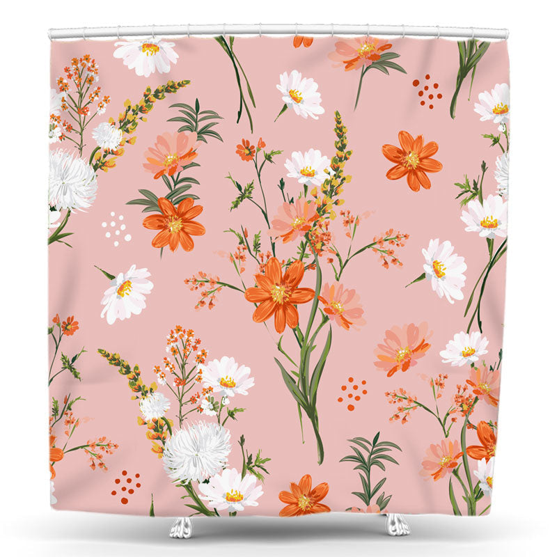 Lofaris Red White Wild Floral Pattern Pink Shower Curtain