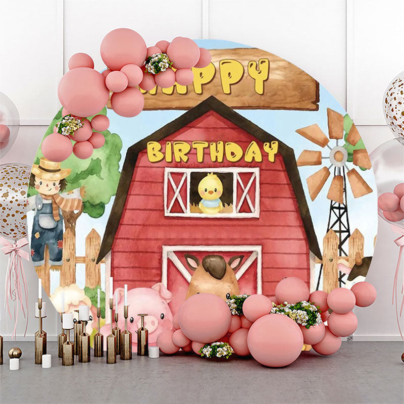 Lofaris Red Wooden Barn Farm Animal Circle Birthday Backdrop