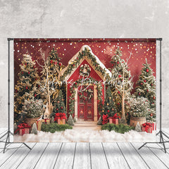 Lofaris Red Wooden House Trees Snow Gifts Christmas Backdrop