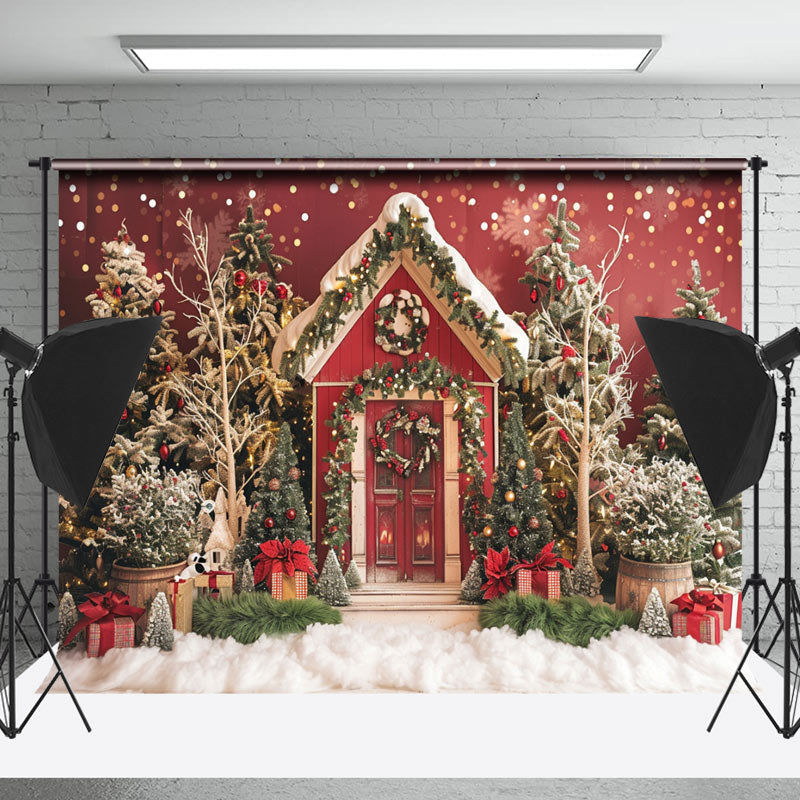 Lofaris Red Wooden House Trees Snow Gifts Christmas Backdrop