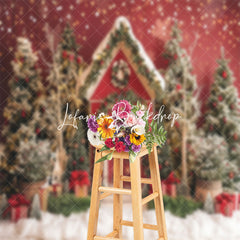 Lofaris Red Wooden House Trees Snow Gifts Christmas Backdrop