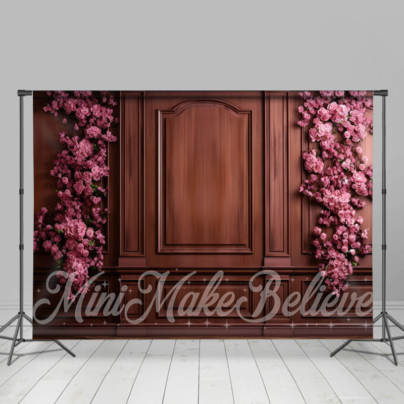 Lofaris Reddish Brown Wooden Wall Pink Flowers Backdrop