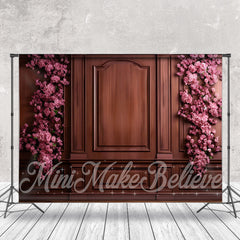 Lofaris Reddish Brown Wooden Wall Pink Flowers Backdrop