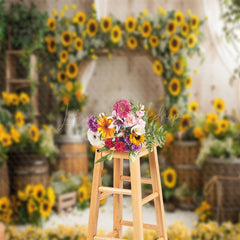 Lofaris Retro Barrel Greenery Sunflower Cake Smash Backdrop