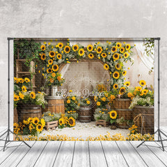 Lofaris Retro Barrel Greenery Sunflower Cake Smash Backdrop