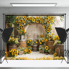 Lofaris Retro Barrel Greenery Sunflower Cake Smash Backdrop