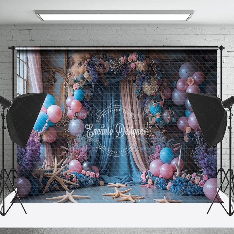 Lofaris Retro Blue Pink Starfish Balloon Cake Smash Backdrop