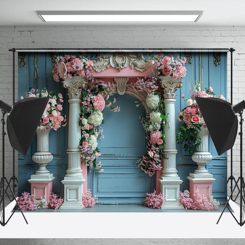 Lofaris Retro Blue Wall Luxury Arch Floral Wedding Backdrop