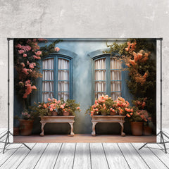 Lofaris Retro Blue Wall Window Flower Photo Booth Backdrop