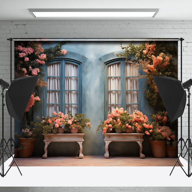 Lofaris Retro Blue Wall Window Flower Photo Booth Backdrop